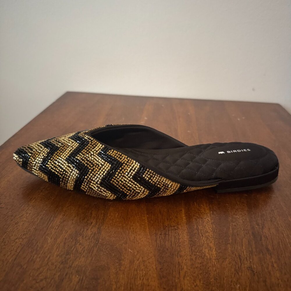 Birdies The Swan Beaded Art Deco Chevron Mule Flats in Black and Gold - Picture 4 of 9